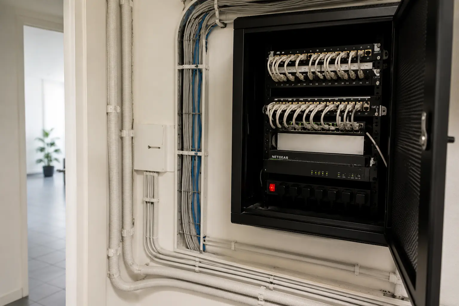 Baie informatique avec brassage Cat6A et switch réseau