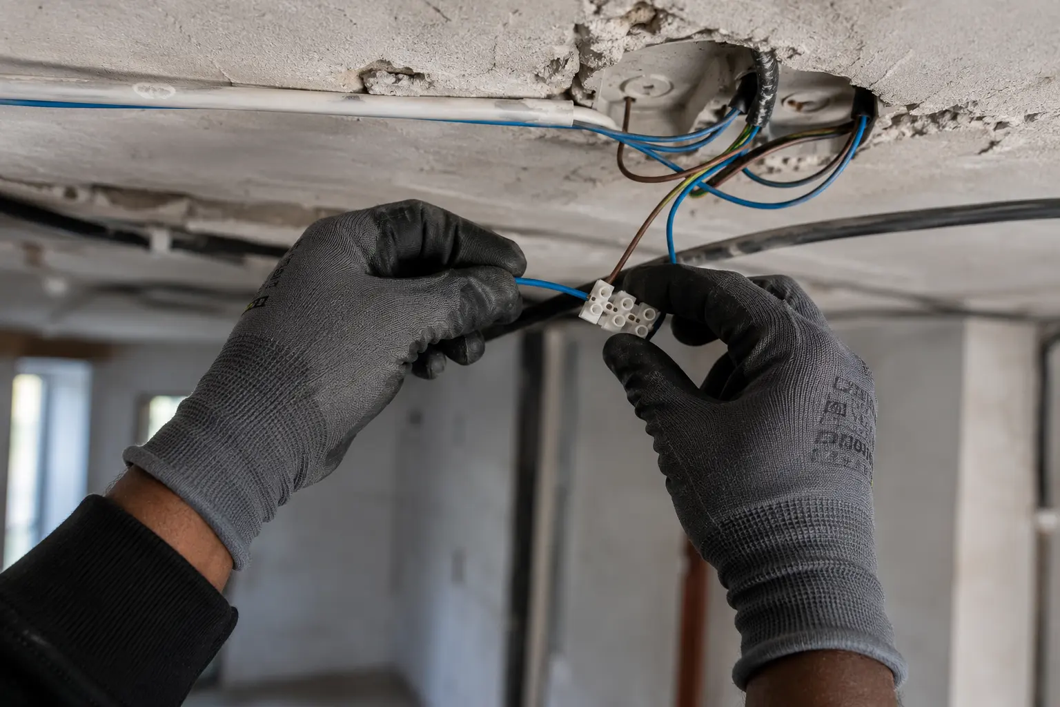 Électricien raccordant des câbles dans une boîte de dérivation